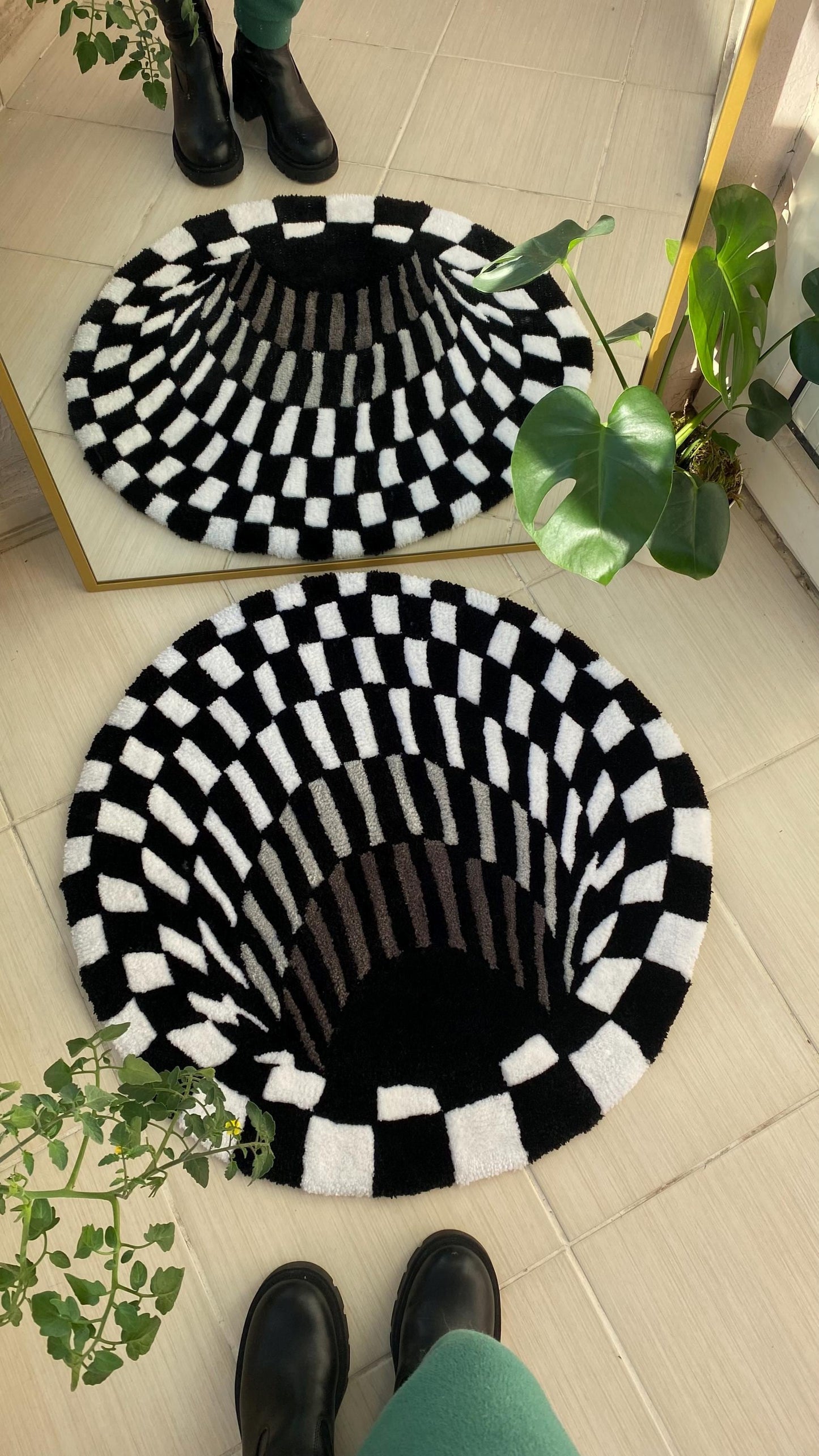 Siyah Beyaz Optik İllüzyon Halı - 3D Portal Trippy Duvar Sanatı