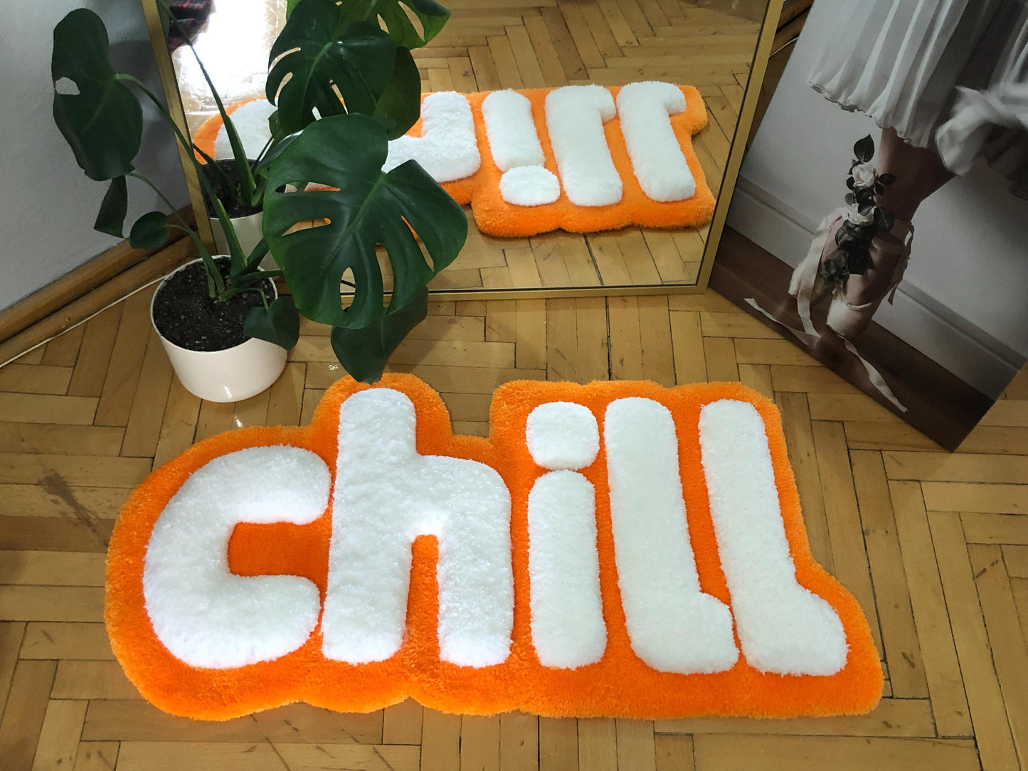 Chill Halı - 87x37cm Turuncu Beyaz El Yapımı Tufting Duvar Sanatı