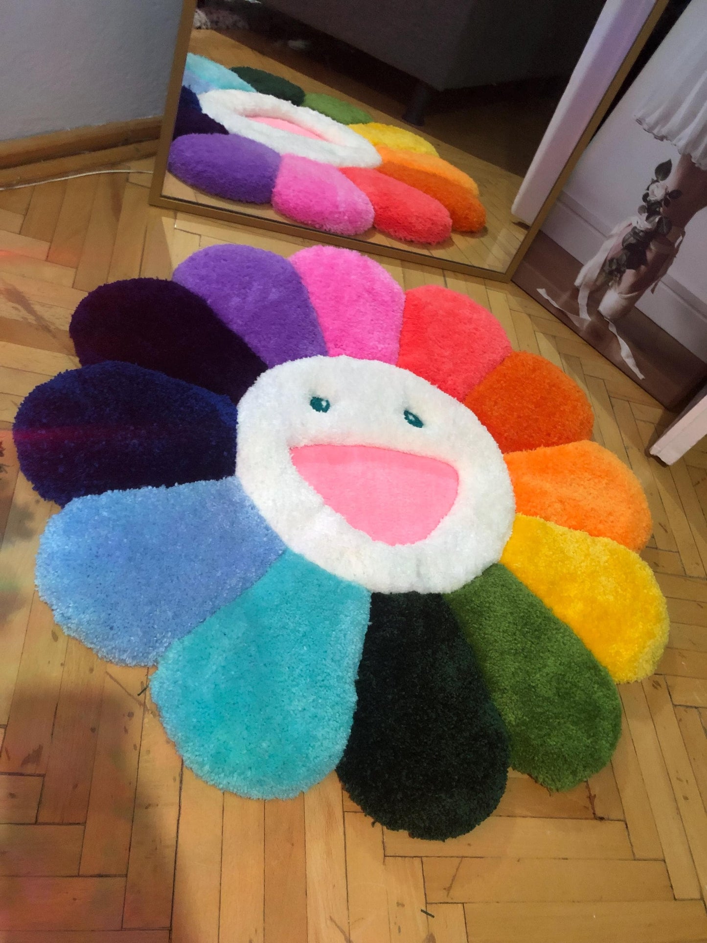 3D Kabarık Çiçek Halı - El Yapımı Tufting Çiçek Duvar Sanatı | 87.5cm