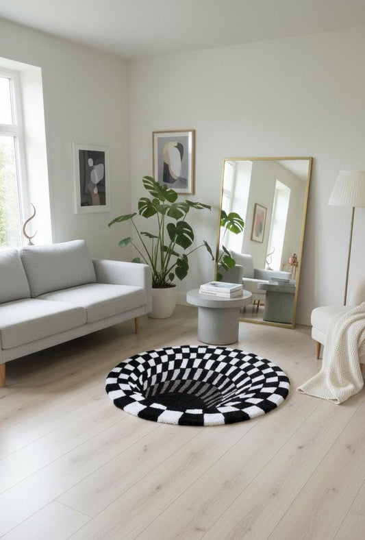 Siyah Beyaz Optik İllüzyon Halı - 3D Portal Trippy Duvar Sanatı