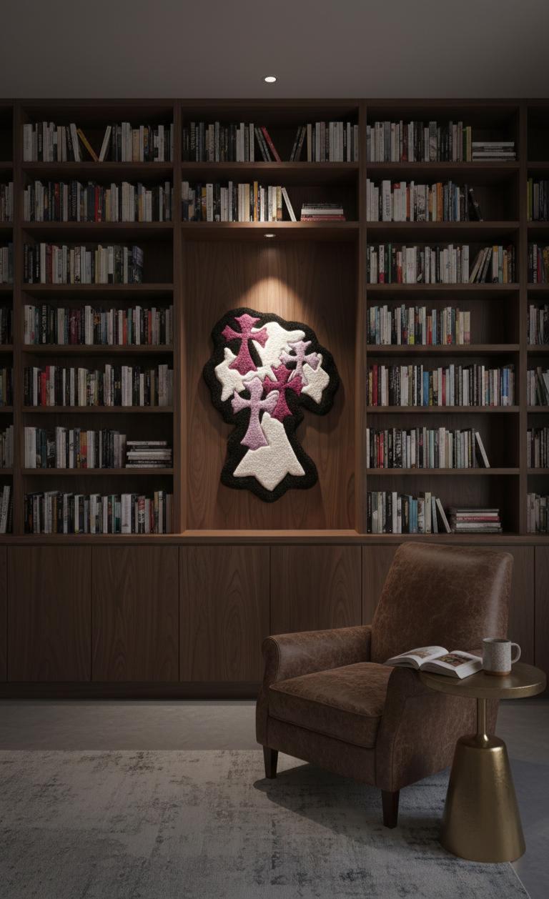 Gotik Haç Halı - 71x49cm Mor Beyaz El Yapımı Tufting Duvar Sanatı