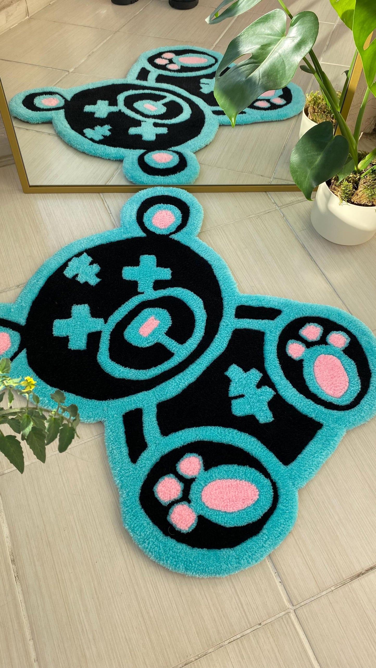 Kawaii Ayı Halı - El Yapımı Mavi Pembe Karikatür Tufting Duvar Sanatı