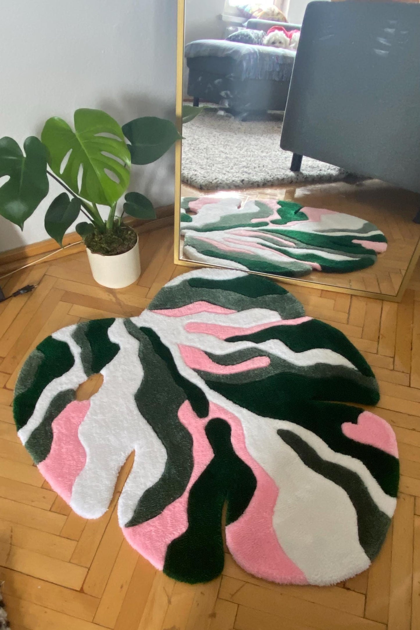 Monstera Yaprağı Tufting Halı - El Yapımı Tropikal Boho Duvar ve Zemin Dekorasyonu