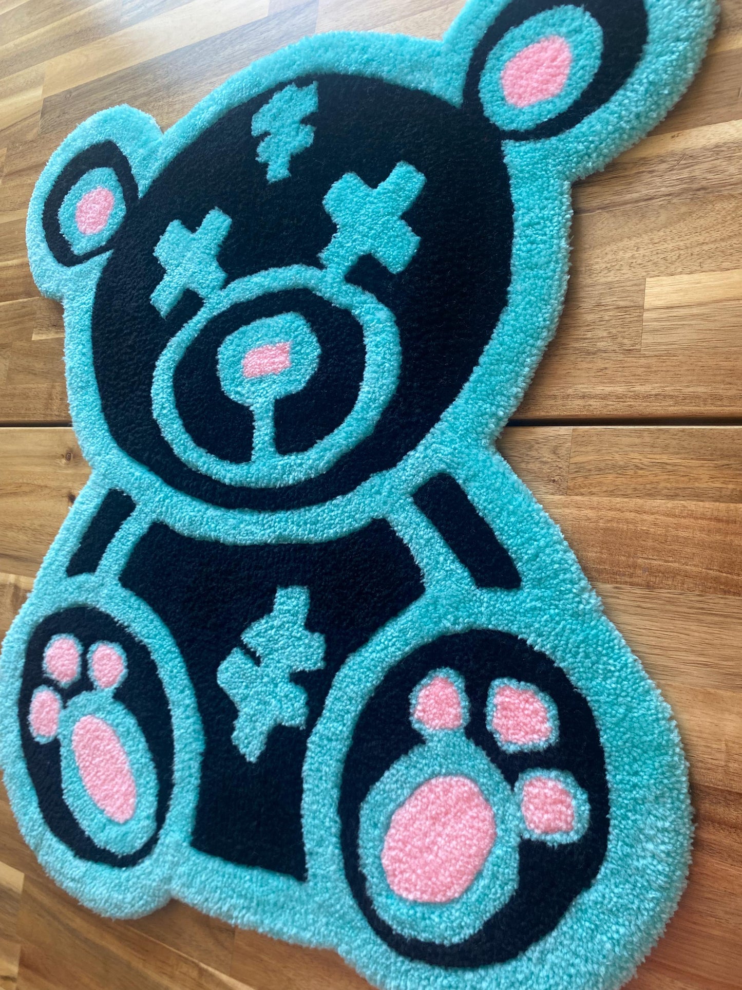 Kawaii Ayı Halı - El Yapımı Mavi Pembe Karikatür Tufting Duvar Sanatı