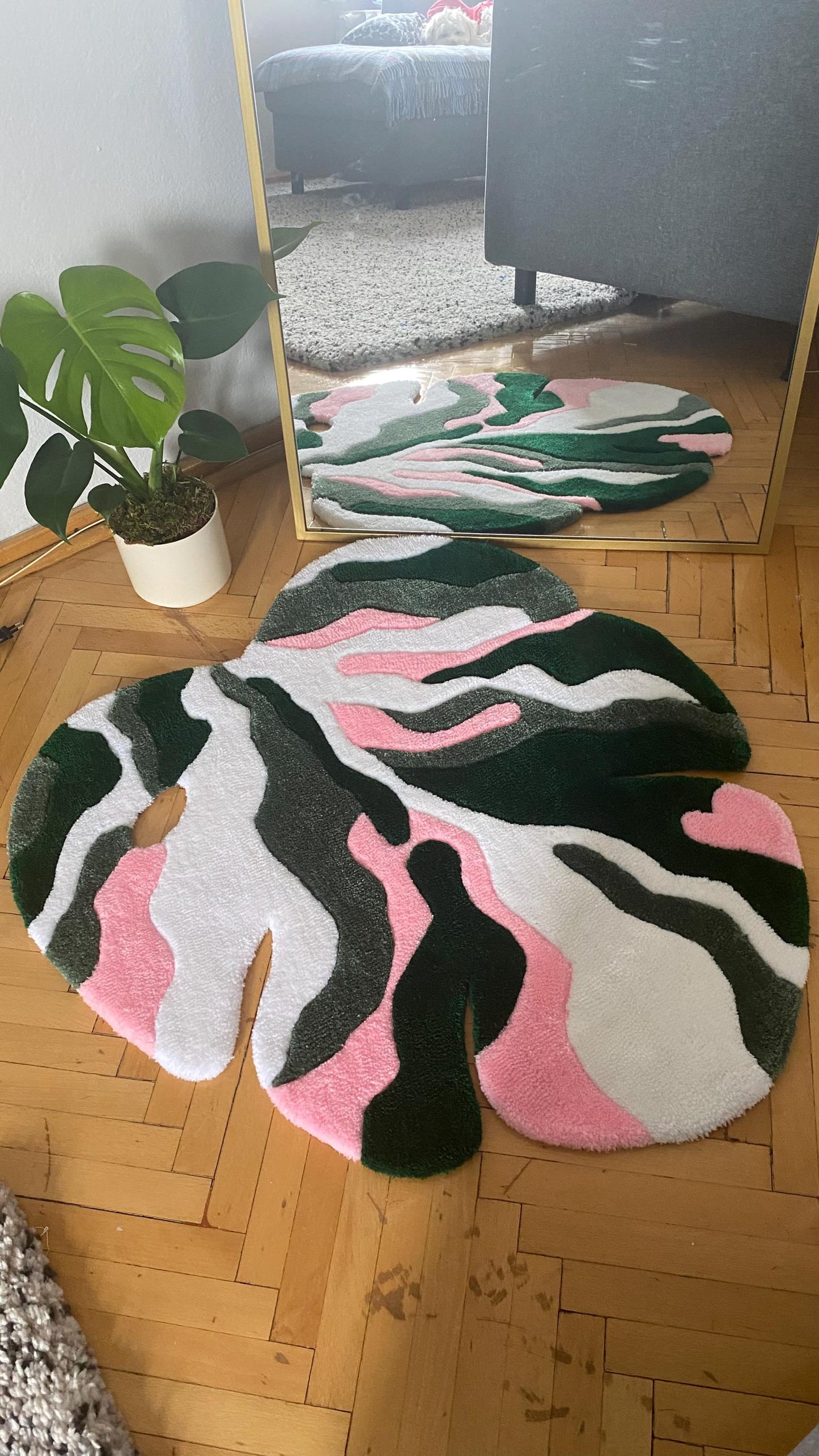 Monstera Yaprağı Tufting Halı - El Yapımı Tropikal Boho Duvar ve Zemin Dekorasyonu
