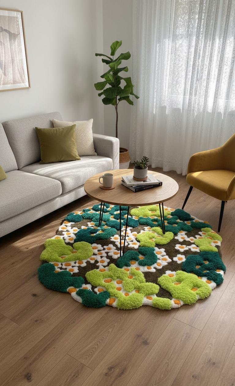 3D Çiçekli Yosun Halısı - El Yapımı Doğa Manzara Tufting Duvar Sanatı