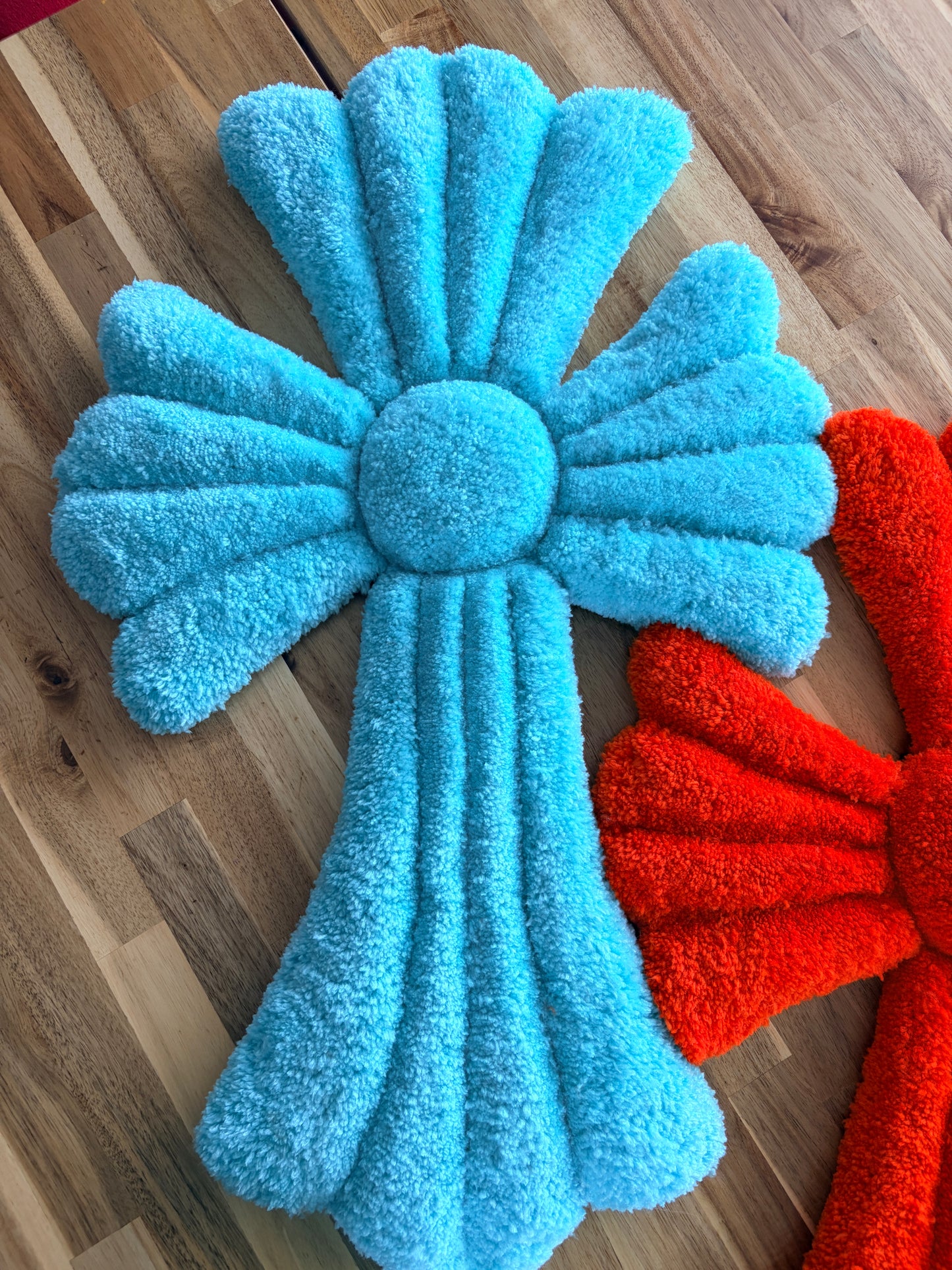 Handmade Tufted Cross Wall Art - Red & Turquoise