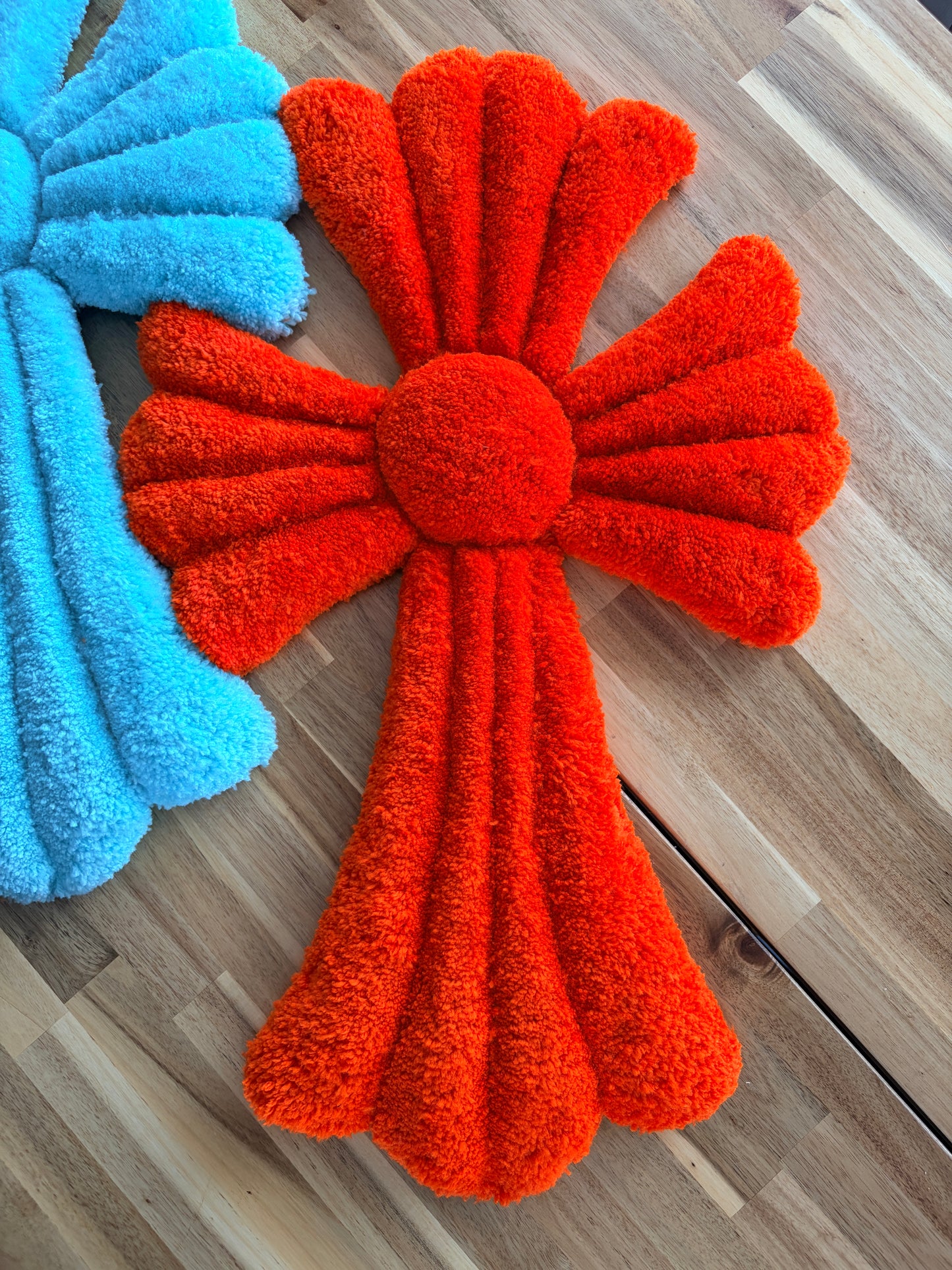 Handmade Tufted Cross Wall Art - Red & Turquoise