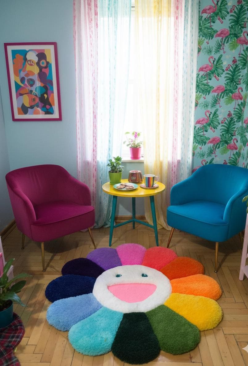 3D Kabarık Çiçek Halı - El Yapımı Tufting Çiçek Duvar Sanatı | 87.5cm