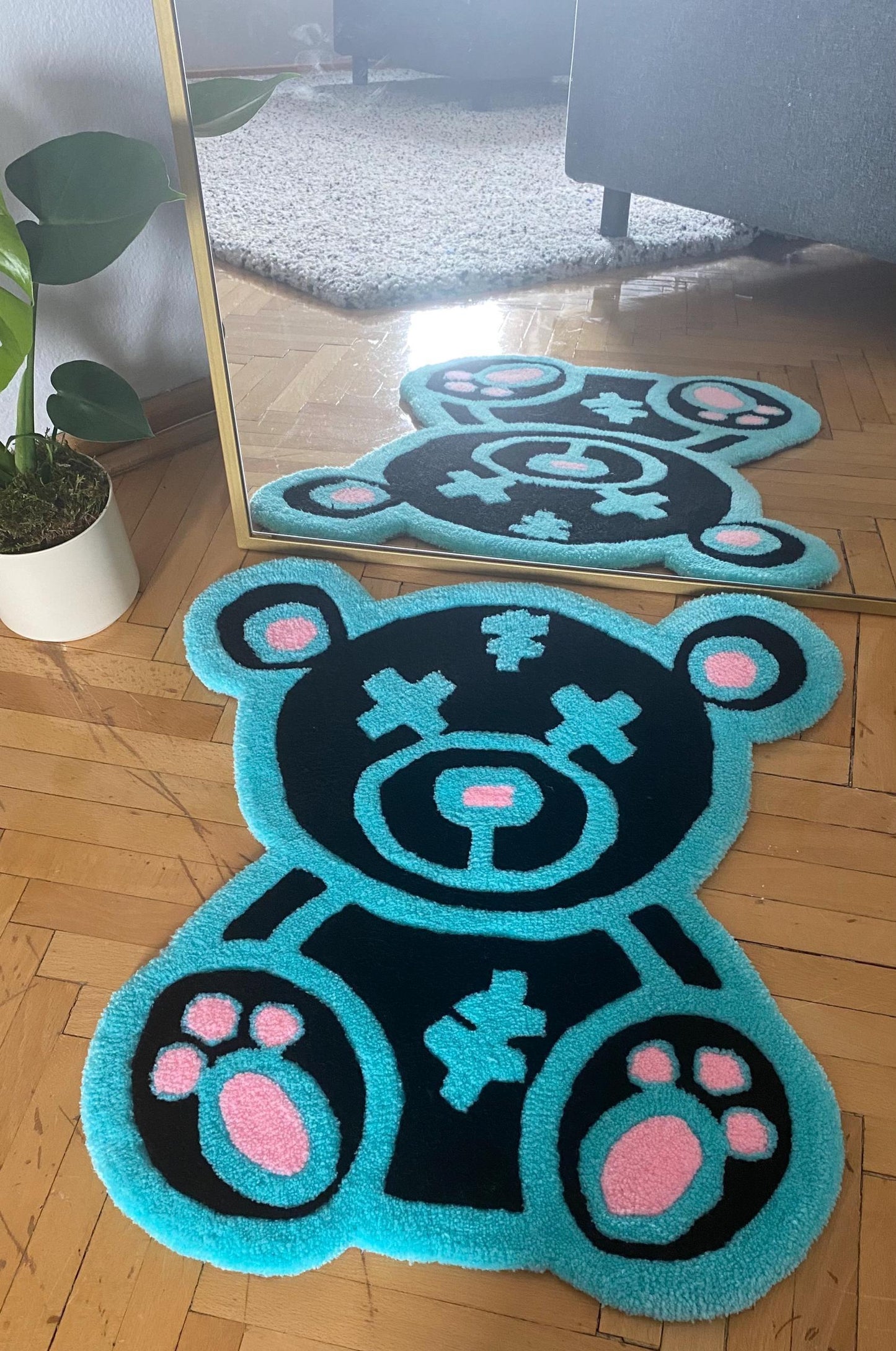 Kawaii Ayı Halı - El Yapımı Mavi Pembe Karikatür Tufting Duvar Sanatı