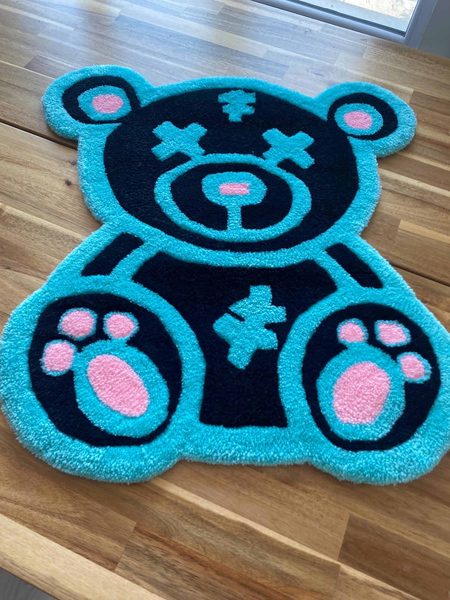 Kawaii Ayı Halı - El Yapımı Mavi Pembe Karikatür Tufting Duvar Sanatı