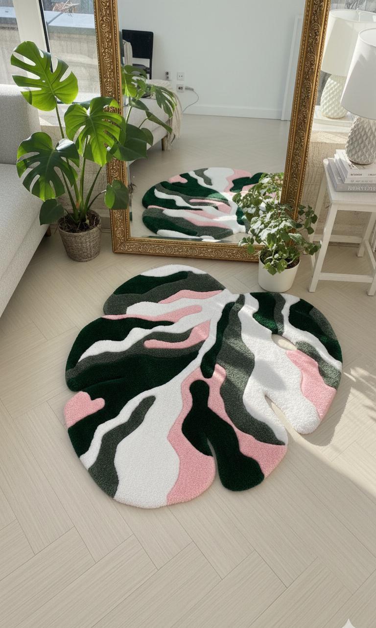 Monstera Yaprağı Tufting Halı - El Yapımı Tropikal Boho Duvar ve Zemin Dekorasyonu