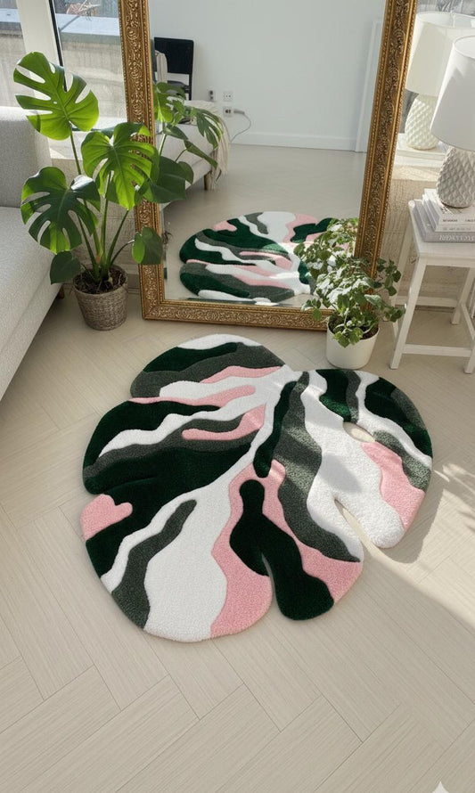 Monstera Yaprağı Tufting Halı - El Yapımı Tropikal Boho Duvar ve Zemin Dekorasyonu