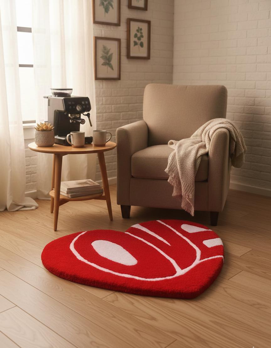Kalp Şeklinde LOVE Halı - Kırmızı Beyaz El Yapımı Sevgililer Günü Dekorasyonu