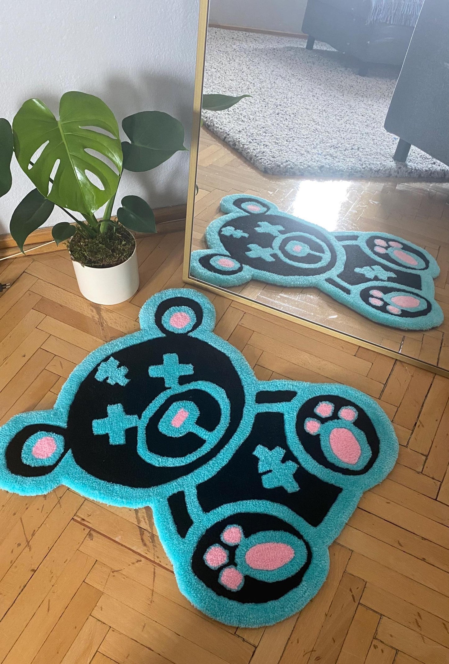 Kawaii Ayı Halı - El Yapımı Mavi Pembe Karikatür Tufting Duvar Sanatı