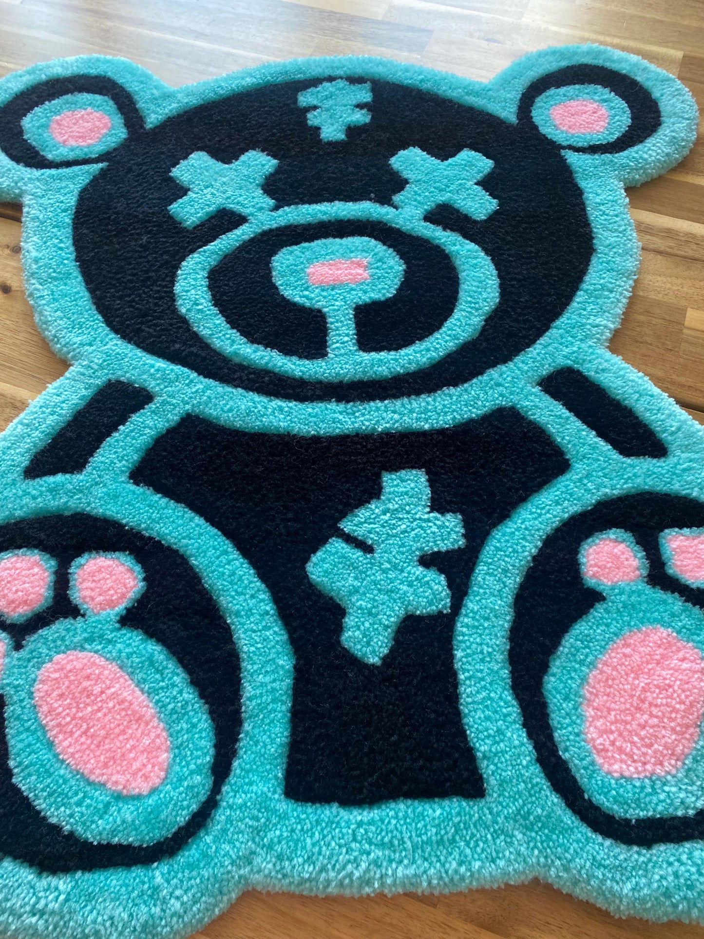 Kawaii Ayı Halı - El Yapımı Mavi Pembe Karikatür Tufting Duvar Sanatı